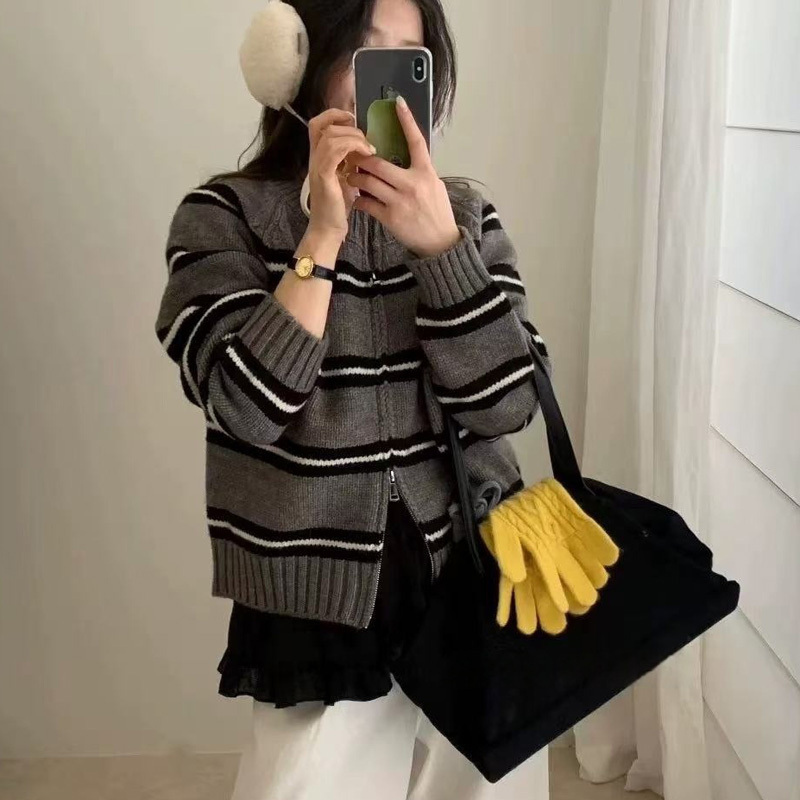 拼色条纹圆领毛衣外套女秋季新款韩系宽松慵懒双拉链针织开衫上衣|undefined