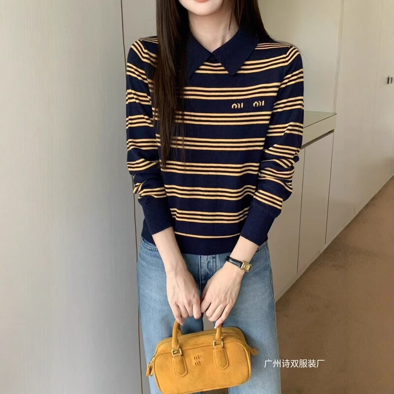 高定MM家时髦元气少女25复古老钱风条纹字母提花长袖翻领针织衫女|undefined
