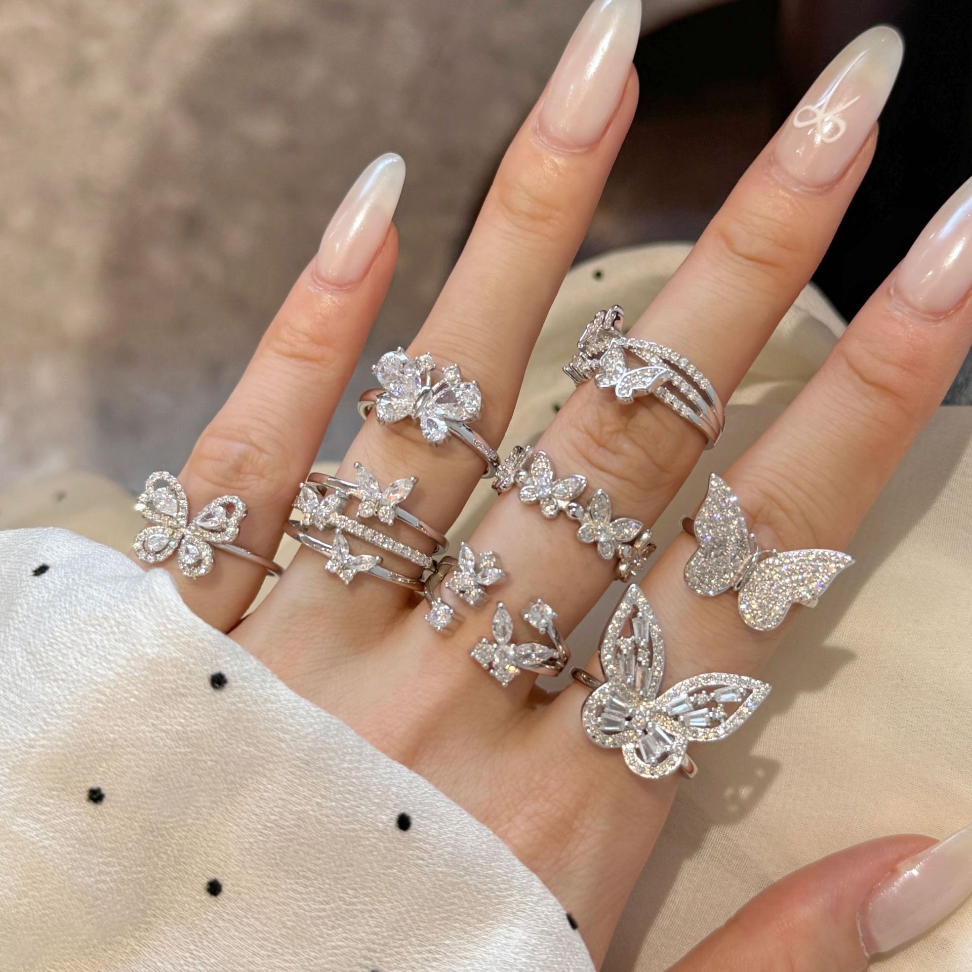 5g Weight Zircon Inlay Material Open Rings, Rings Classification 6, 9, Adjustable Ring Size 1 Piece Quantity Daily, Tea Party Occasion 925 Sterling Silver Material Butterfly Pattern Women's Gender Inlay Design Sweet, Shiny Style 925 Sterling Silver Zircon Butterfly Open Rings Rings 2