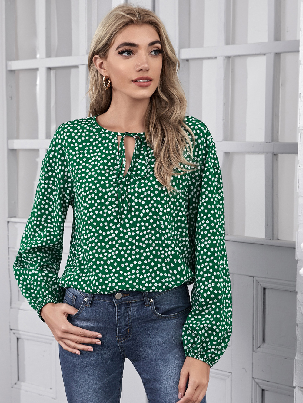 solid color long-sleeved round neck hollow print chiffon commuter OL top  NSNCK118827