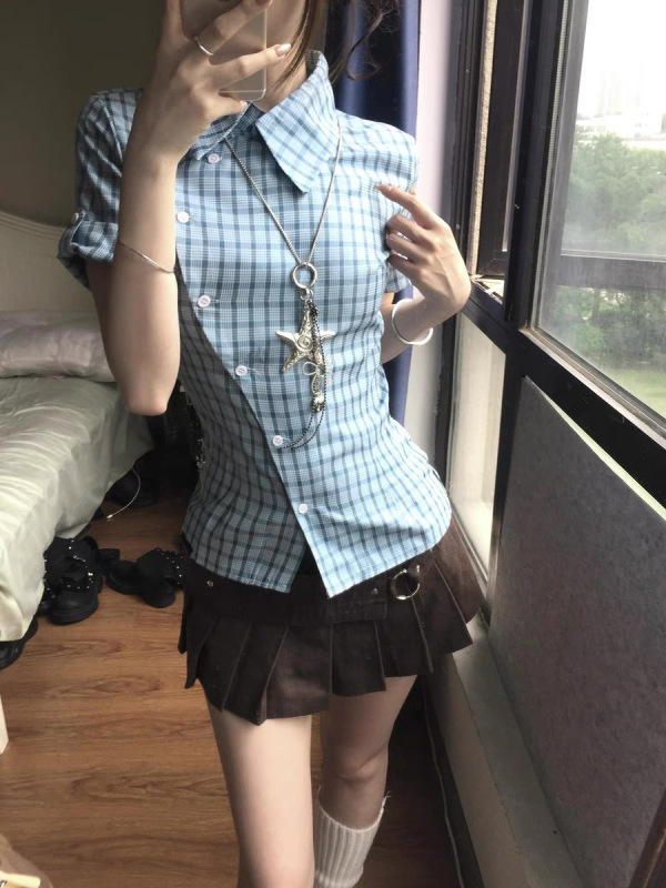 蓝色格子短袖衬衫女夏季2025新款撞色格纹衬衣设计感小众收腰上衣|undefined