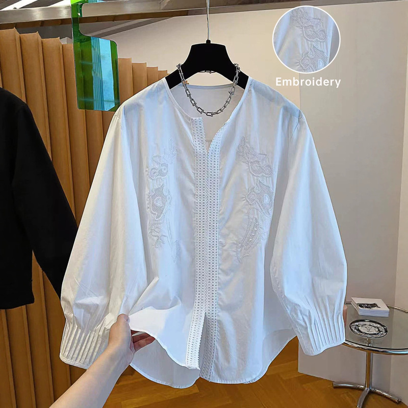 European and American Style Commuter Long-Sleeve Shirt for Women, Versatile Fashion Shirt, Loose Fit, Slimming, Pure White Embroidered Design European and American Style Commuter Long-Sleeve Shirt for Women, Versatile Fashion Shirt, Loose Fit, Slimming, Pure White Embroidered Design