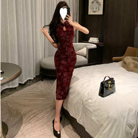 后拉链年轻款印花新中式无袖镂空复古中长旗袍红色连衣裙