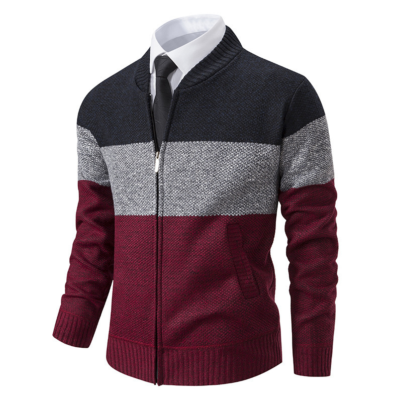 2024 Neuer Herbst/Winter-Plüsch-verdickter großer Pullovermantel mit Stehkragen und Farbblock-Strickjacke für Männer_voghion.com
