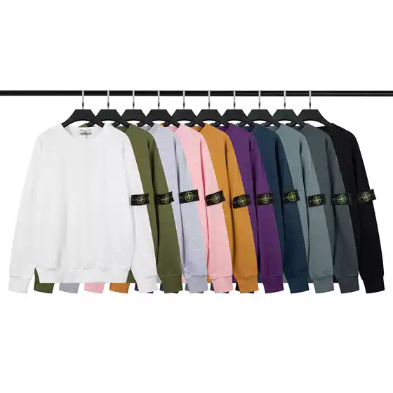 Classic STONE Solid Crew Neck Long Sleeve Sweatshirt with Compass Patch - 100% Cotton Basic Pullover