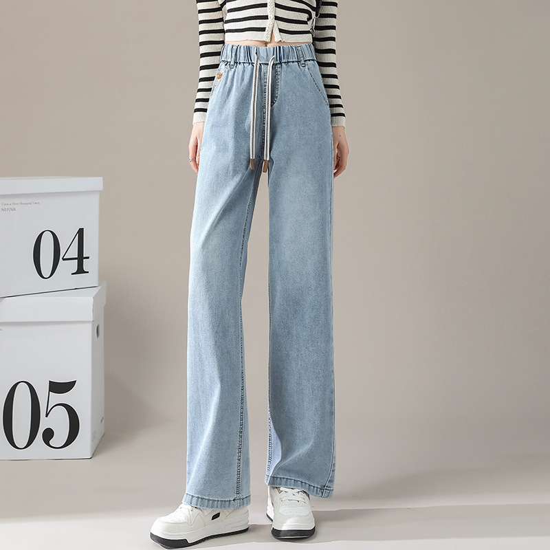 ハイウエストストレートジーンズ レディース 2025秋冬新作 ゴムウエスト 大きいサイズ ぽっちゃりさん向け ゆったり着痩せ効果 ナローワイドパンツ