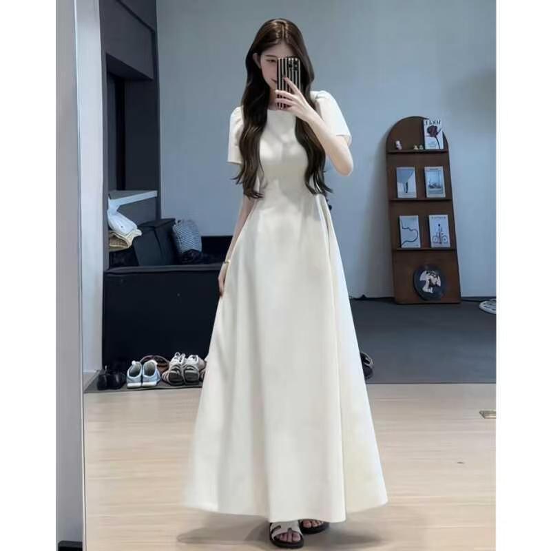 2025 French Plus Size Dress for Women, Summer Short-Sleeved New Style, Waist-Cinching, Elegant Long Skirt, Slimming and High-End