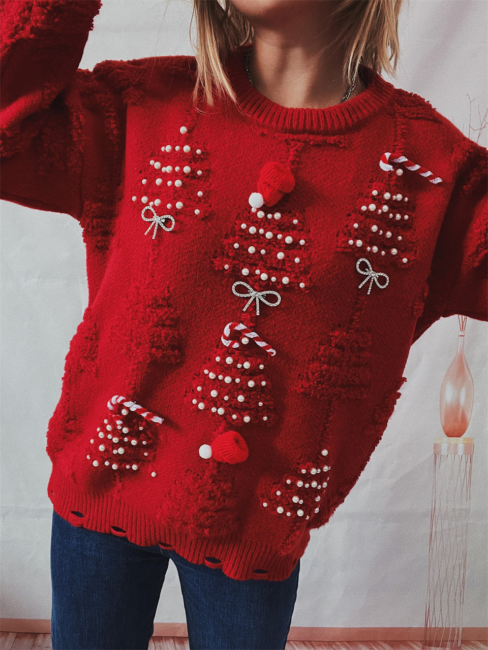 Women's Pearl Christmas Sweater Pullover Handmade Holiday Style_voghion.com