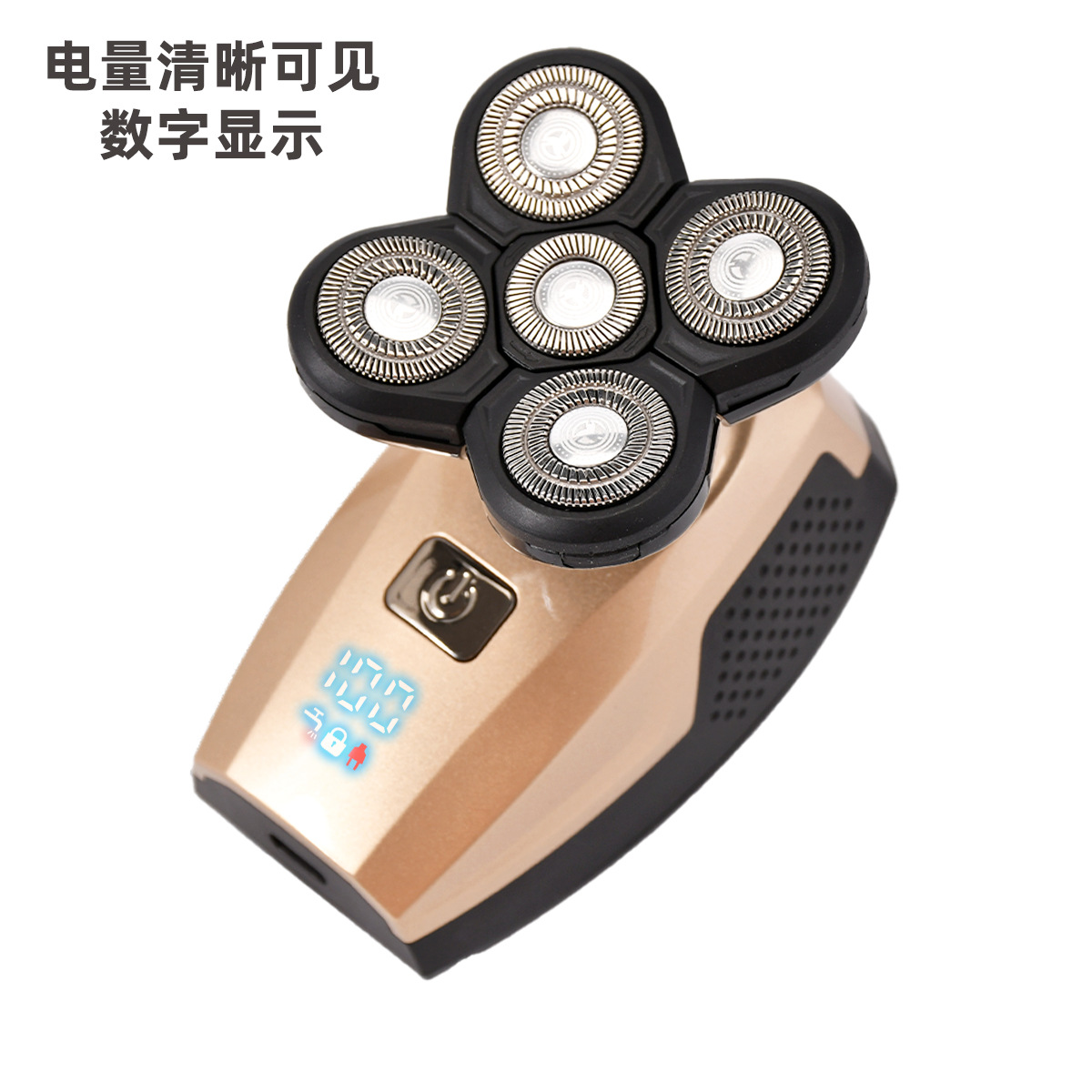 Afeitadora eléctrica cinco en uno con pantalla digital transfronteriza, máquina de afeitar de 5 cabezales, recargable por USB, lavable en todo el cuerpo, para cabeza calva, al por mayor.