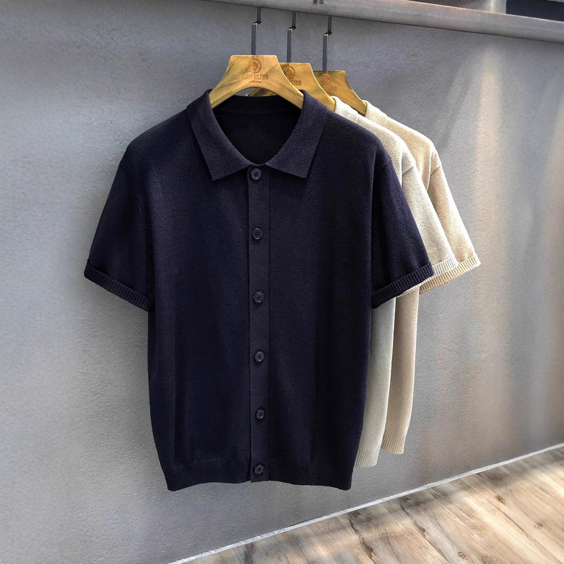Lazy Style Shirt Work Clothing Casual Lazy Short-Sleeved Lapel Knitted Cardigan Men's Youth Retro Lapel Spring and Summer 2025