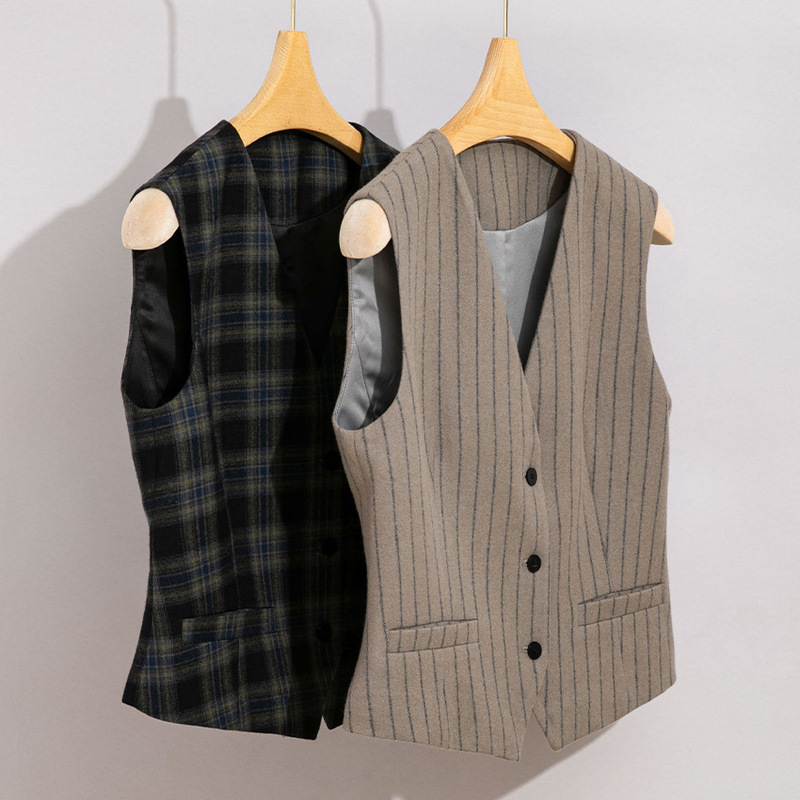 Wool Suit Vest Women's High-end V-neck Plaid Vest with Single-breasted High-end Slim-fit Jacket for Autumn and Winter 24