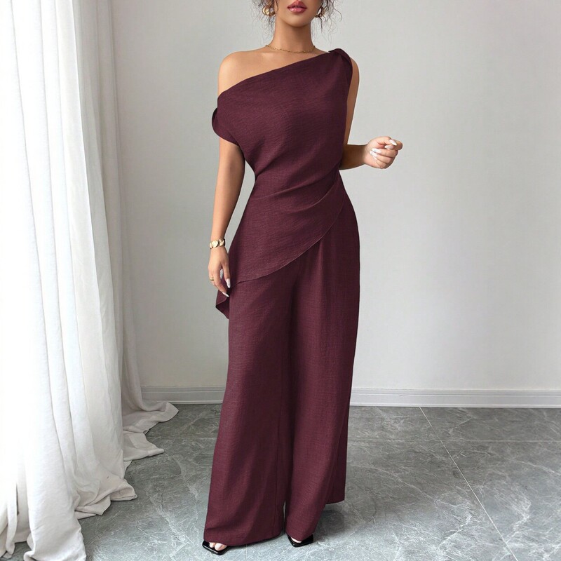2026 European and American Cross-Border Foreign Trade New Style One-Shoulder Sleeveless Solid Color Wide-Leg Pants Set for Women, Fashionable Commuter Two-Piece Set for Women