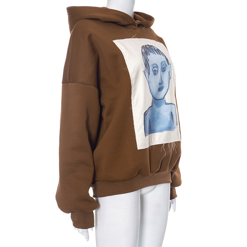 Portrait Printing Affixed Cloth Embroidered Hooded Long Sleeve Sweatshirt in Hoodies & Sweatshirts