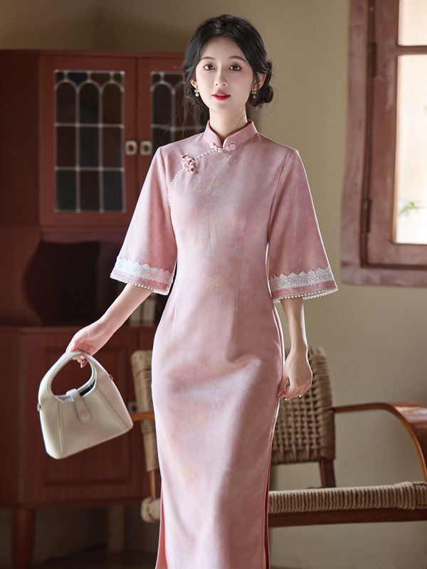 长袖旗袍女新中式2025新款粉色连衣裙秋冬复古气质高端绝美麂皮绒|undefined