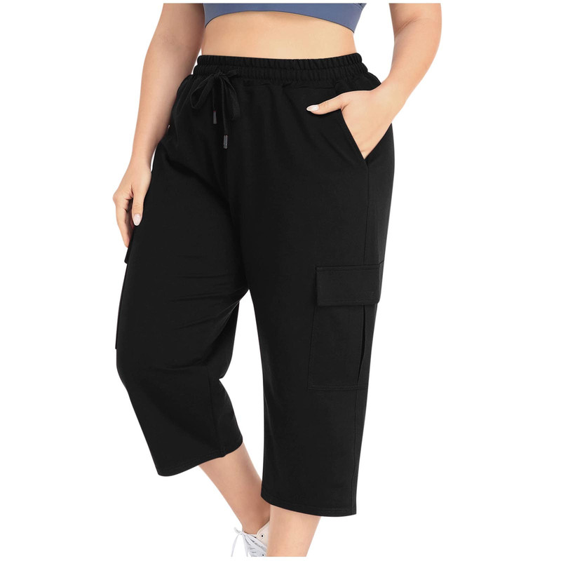 2024 Amazon foreign trade Europe and the United States new solid color plus size pocket tether cropped pants