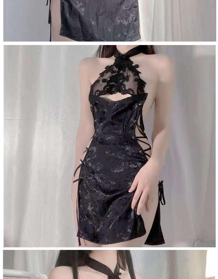 Sexy Cheongsam-Style Lingerie Set, Backless Slit Tie-Up Design, White Lace One-Piece with Thong — detail image 11