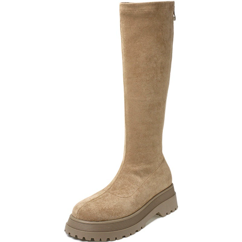 Узкие сапоги Сапоги на плоской подошве цвета хаки Рыцарские сапоги на толстом каблуке Маленькие, но эластичные тонкие сапоги до колена На толстой подошве