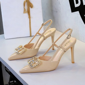 312-K213 European and American high heels for women, thin heels, patent leather, shallow mouth, rhinestone metal buckle,
