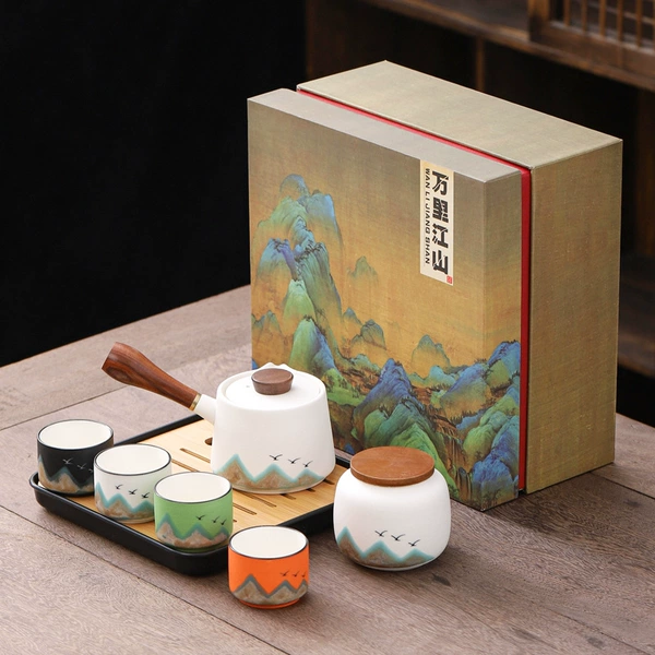 Side handle white pot with four cups + tea can + tea tray