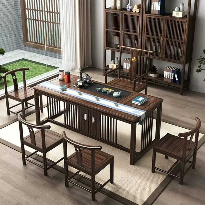 乌金木新中式茶桌椅组合办公室家用干泡台禅意实木泡茶几一桌五椅