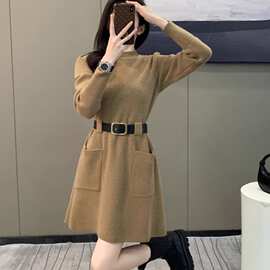 秋冬小个子收腰网红韩版别致加厚针织连衣裙打底内搭毛衣裙子
