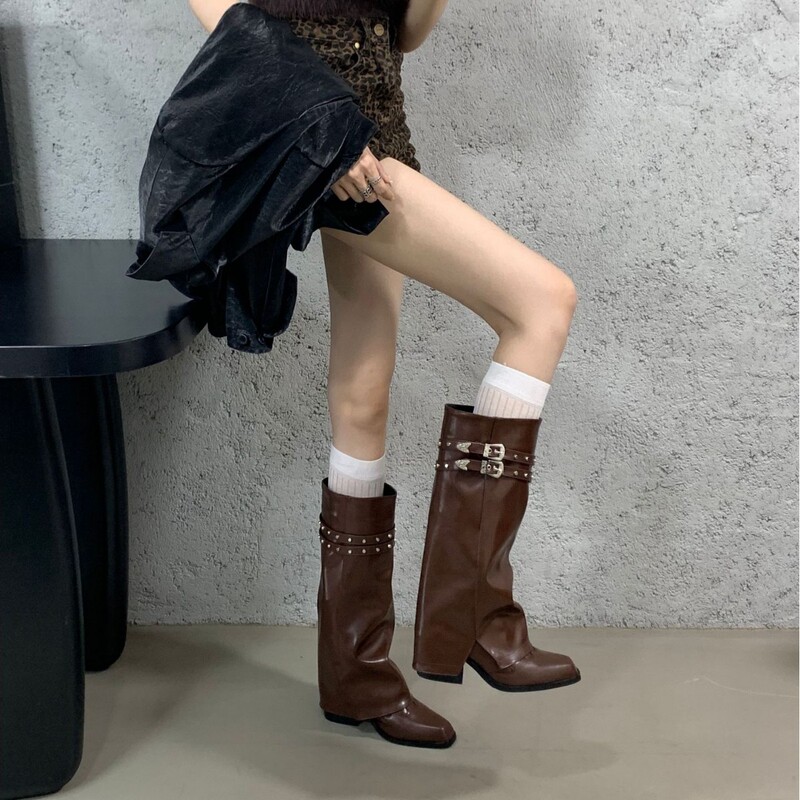 秋冬季新款显瘦铆钉高跟裤管靴尖头刺绣西部牛仔靴长筒靴女靴子|undefined