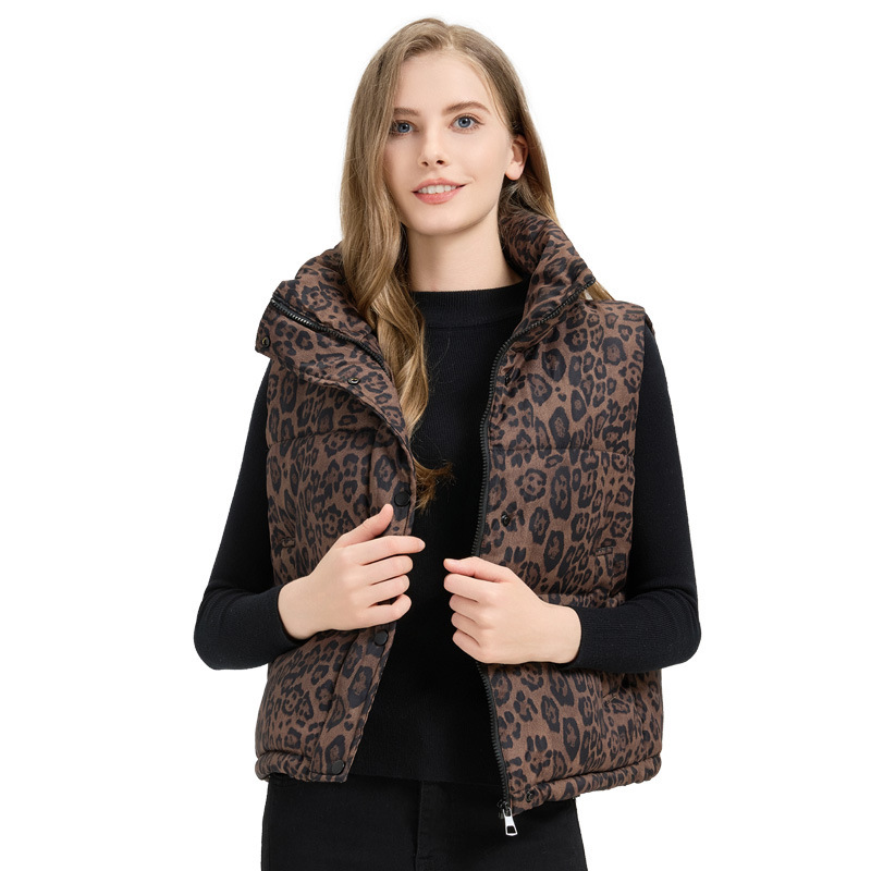 Algodón chaleco de mujer 2025 otoño y invierno estilo europeo y americano estampado leopardo grueso corto chaleco de algodón sin mangas chaqueta de hombro de algodón image 5