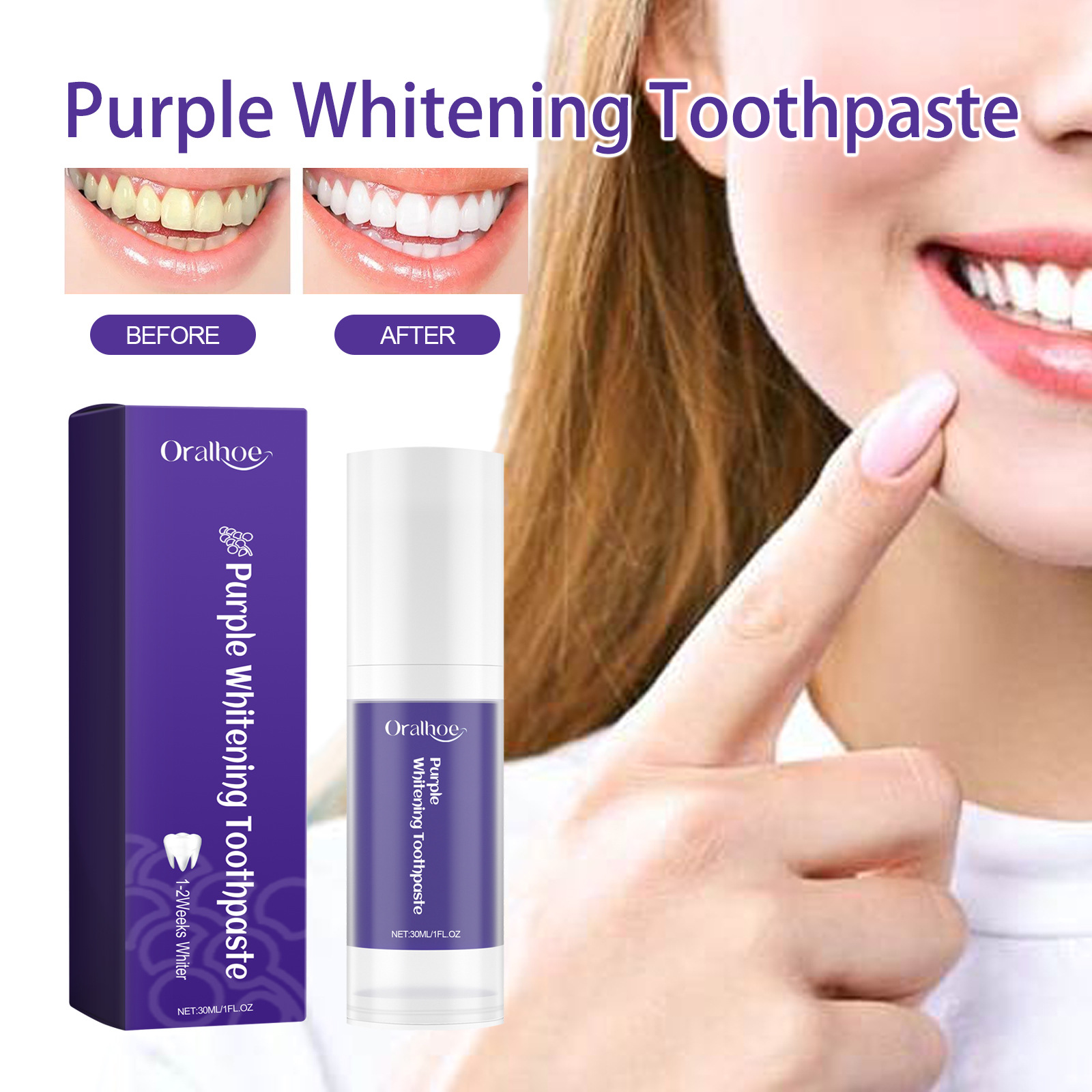 Oralhoe Purple Whitening Toothpaste Freshens the Mouth, Whitens Teeth, Removes Yellow Teeth and Plaque, Cleansing and Care Toothpaste