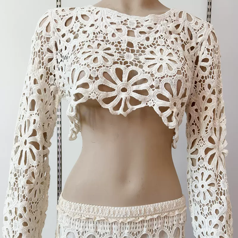 2025复古钩花镂空长袖针织衫 刺绣修身镂空蕾丝衫上衣内搭