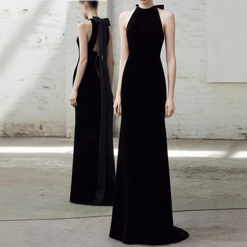 Banquet Evening Dress Female Host Coming-Of-Age Ceremony Elegant Classy Lady Style Halterneck Fishtail Velvet Bride Toast Dress