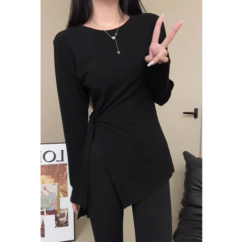 2024 New Irregular Side Base Shirt Top Split Waist Slim Solid Color Round Neck Long Sleeve Slim Long T-Shirt 2024 New Irregular Side Base Shirt Top Split Waist Slim Solid Color Round Neck Long Sleeve Slim Long T-Shirt