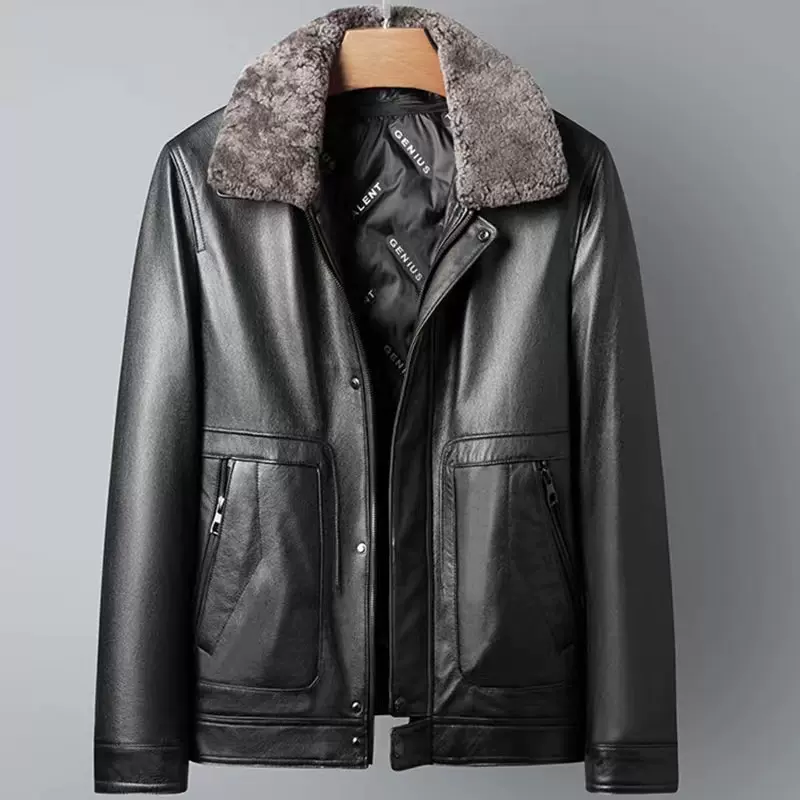 2025新款海宁真皮皮衣男头层牛皮羽绒服短款翻领夹克保暖加厚外套