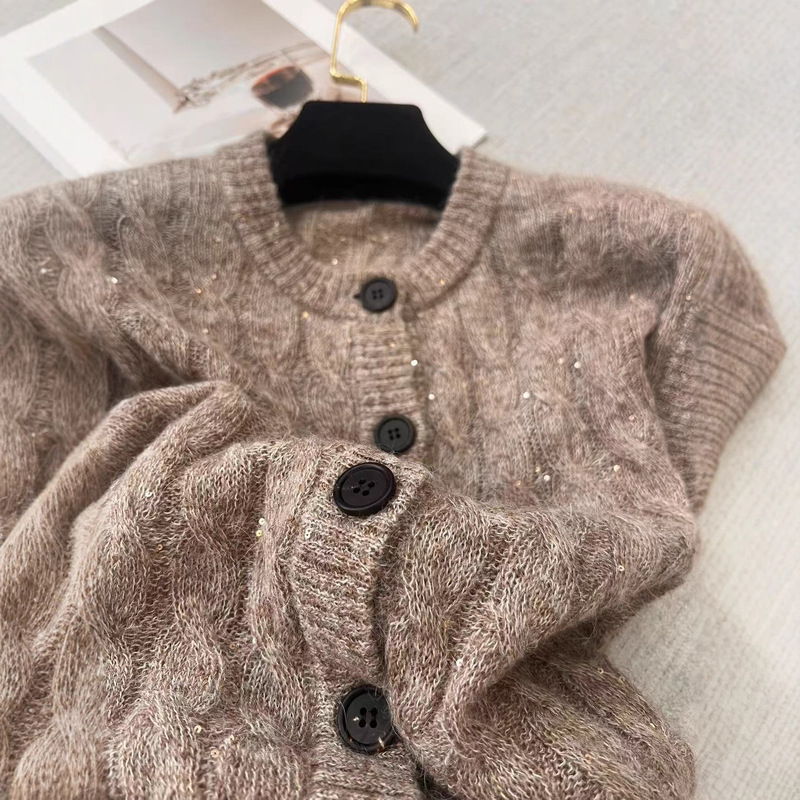 [in Stock] Bc New Cashmere Blend with Silver Thread and Sequins Round Neck Cable Knit Cardigan Vest