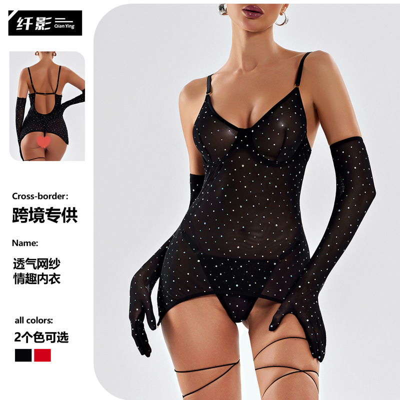 Cross-Border European and American Style Sexy Lingerie One-Piece Ultra-Thin Sequined Mesh See-Through Seductive Cross-Tie Gloves Three-Piece Set Cross-Border European and American Style Sexy Lingerie One-Piece Ultra-Thin Sequined Mesh See-Through Seductive Cross-Tie Gloves Three-Piece Set