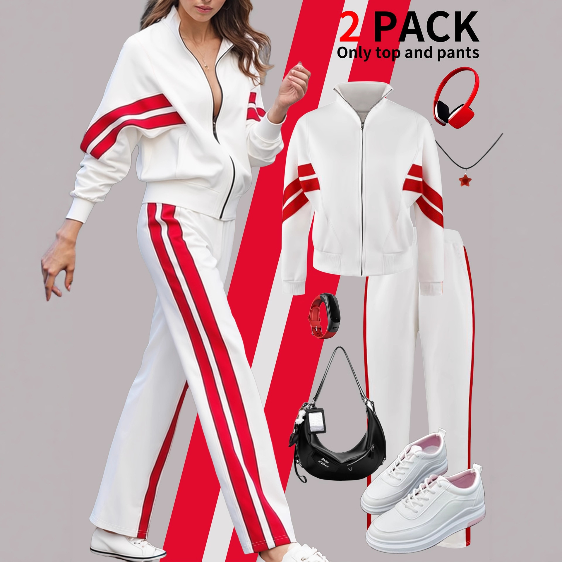 Completo da donna composto da giacca a righe con zip e pantaloni a vita alta - Vestibilità slim, casual, in tessuto elasticizzato e confortevole._voghion.com
