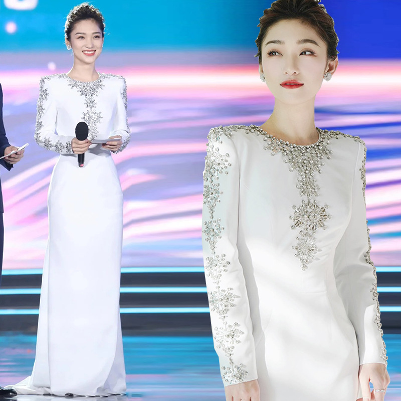 Banquet Evening Dress for Women 2026 New Style Elegant Company Annual Meeting Elegant Socialite Host White Performance Dress