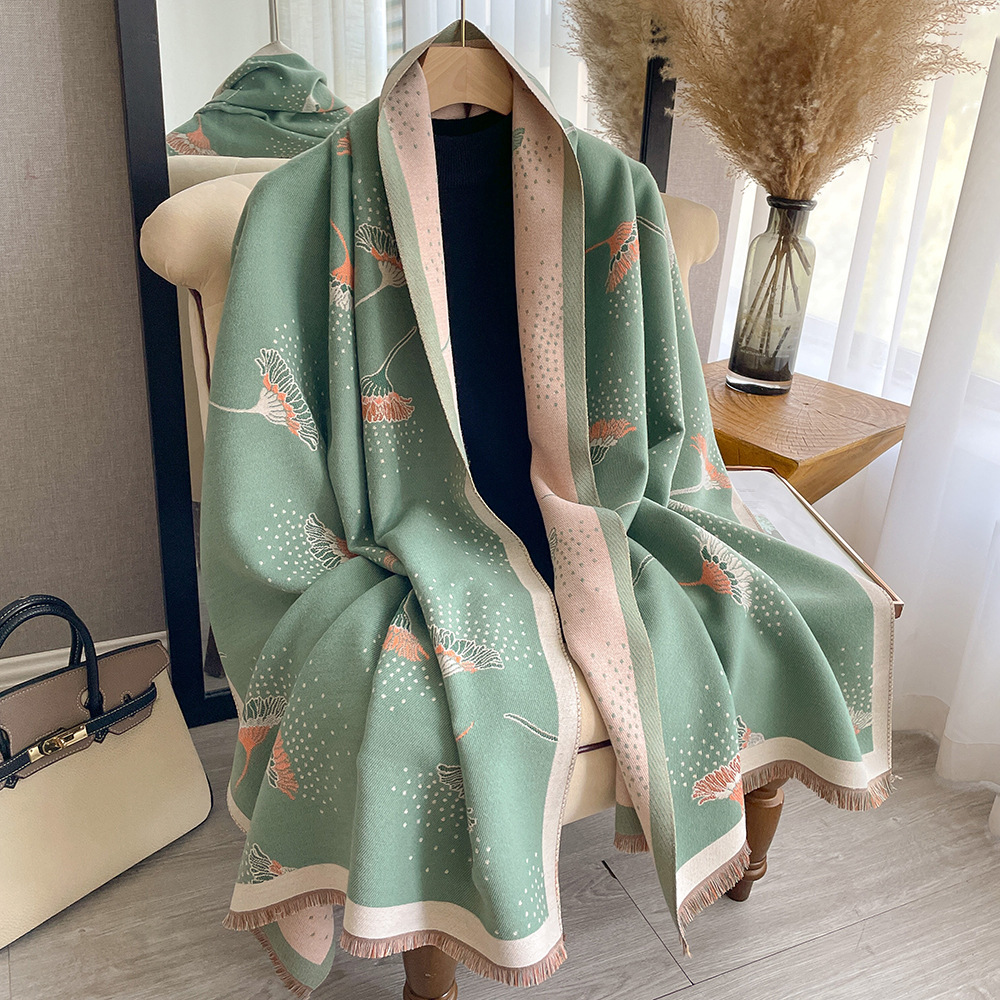 Imitation Cashmere Thickened Scarf for Girls with Dandelion Pattern Color Matching Shawl, Short Whiskers, Tassels Decoration, Warm Scarf_voghion.com