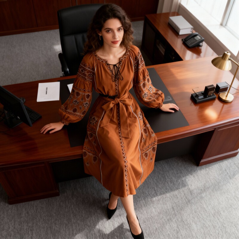 Foreign Trade Bohemian Dress for Women Autumn and Winter Antique Heavy Embroidery Puff Sleeves with Waist Mid-Length Holiday Skirt