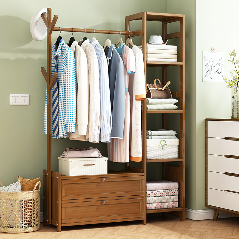 Home Bedroom Wardrobe Bamboo Storage Simple Storage Economical Floor-Standing Coat Rack Hanging Clothes Wardrobe Storage Storage