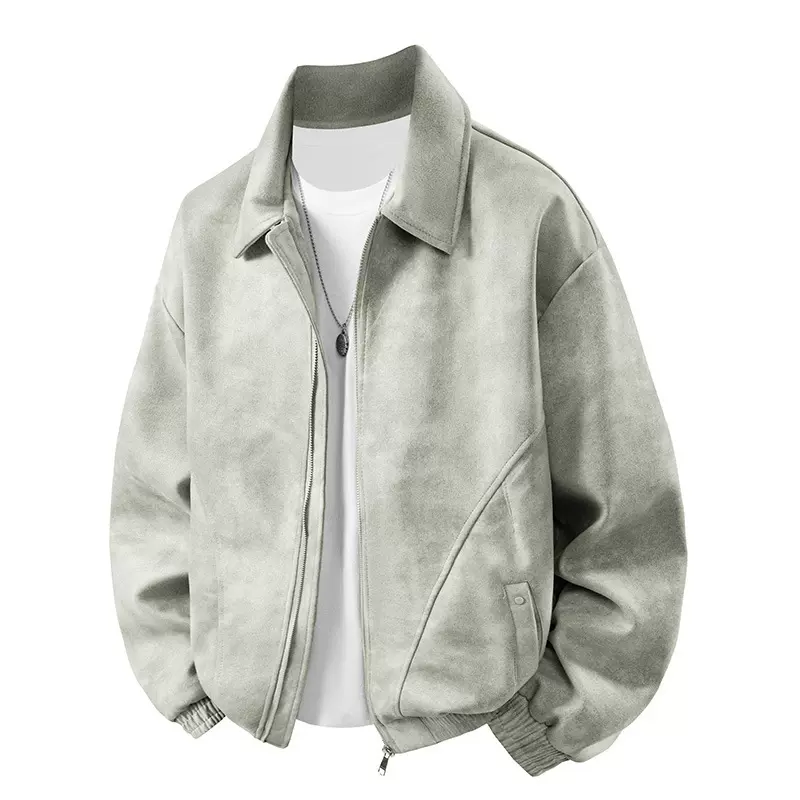 跨境2025春秋新款男士时尚潮流翻领鹿皮绒夹克宽松休闲痞帅外套厂