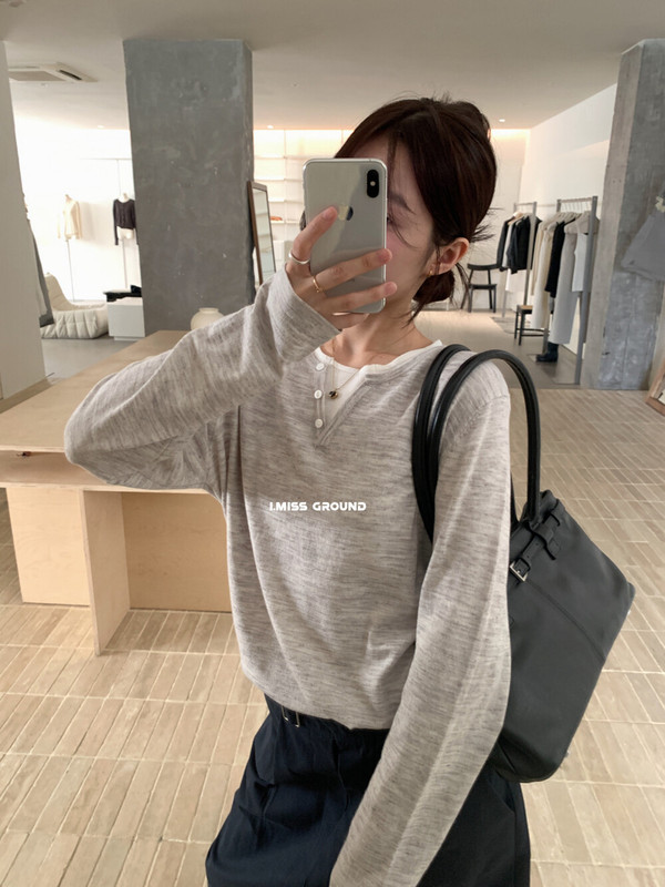 imiss 撞色假两件舒适休闲日常简约2025秋季女宽松上衣亚麻针织衫|undefined