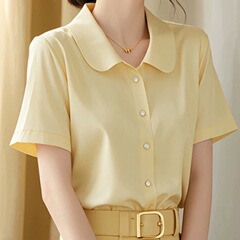 韓国系chi百合シンプルな黄色POLO襟半袖シャツ女性夏の新型洋気美しい修身上着