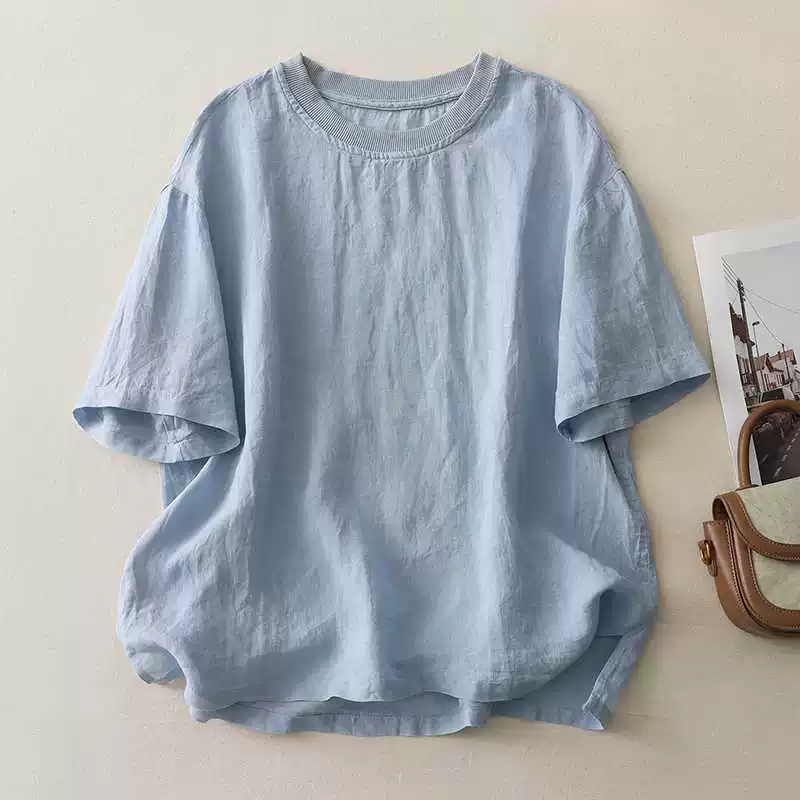 Ретро футболка с коротким рукавом, хлопок и лен, стиль leisure, размеры M–2XL