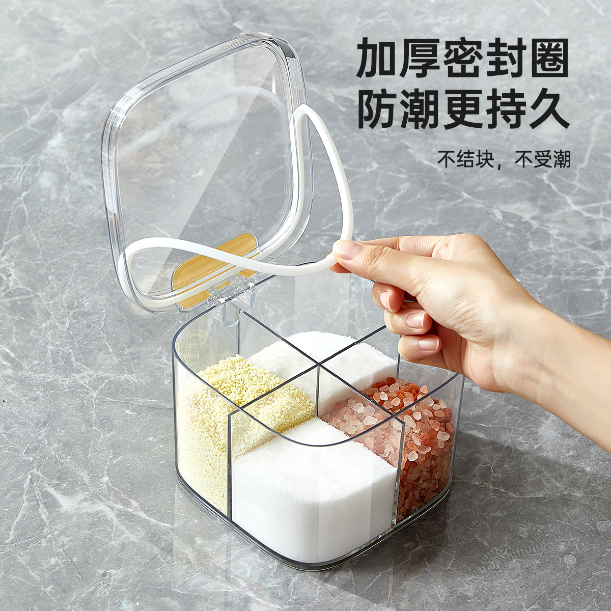 Tarro de condimento de cuatro rejillas Caja de condimento multifuncional de 2023 compartimentos Condimento doméstico Combinación integrada Traje Caja de condimento