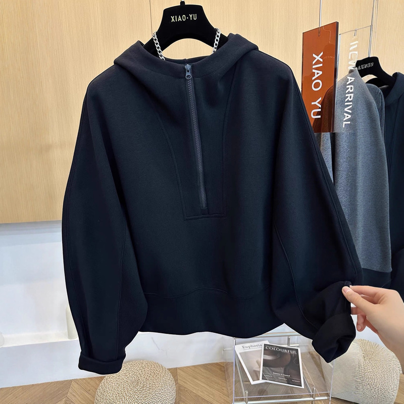 Plus Size 150kg European-Style Half-Zip Hooded Long-Sleeve Sweatshirt for Women, Autumn Loose Fit, Flattering Versatile Top