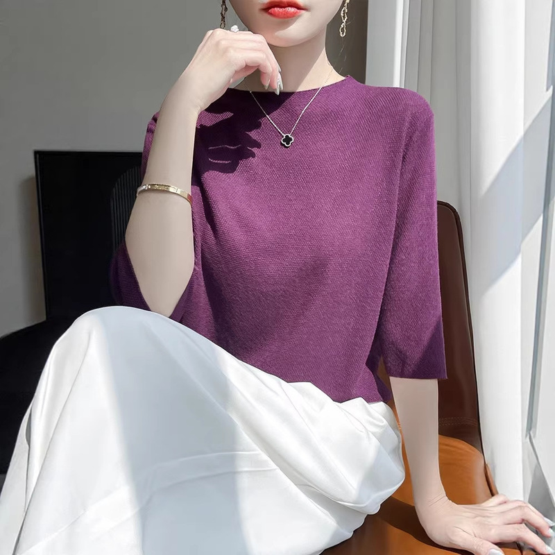 Spring and Summer New Style Fine-Spun Half-High Collar Knitted Short-Sleeve Women's Solid Color Loose Versatile Elegant Simple Top Spring and Summer New Style Fine-Spun Half-High Collar Knitted Short-Sleeve Women's Solid Color Loose Versatile Elegant Simple Top