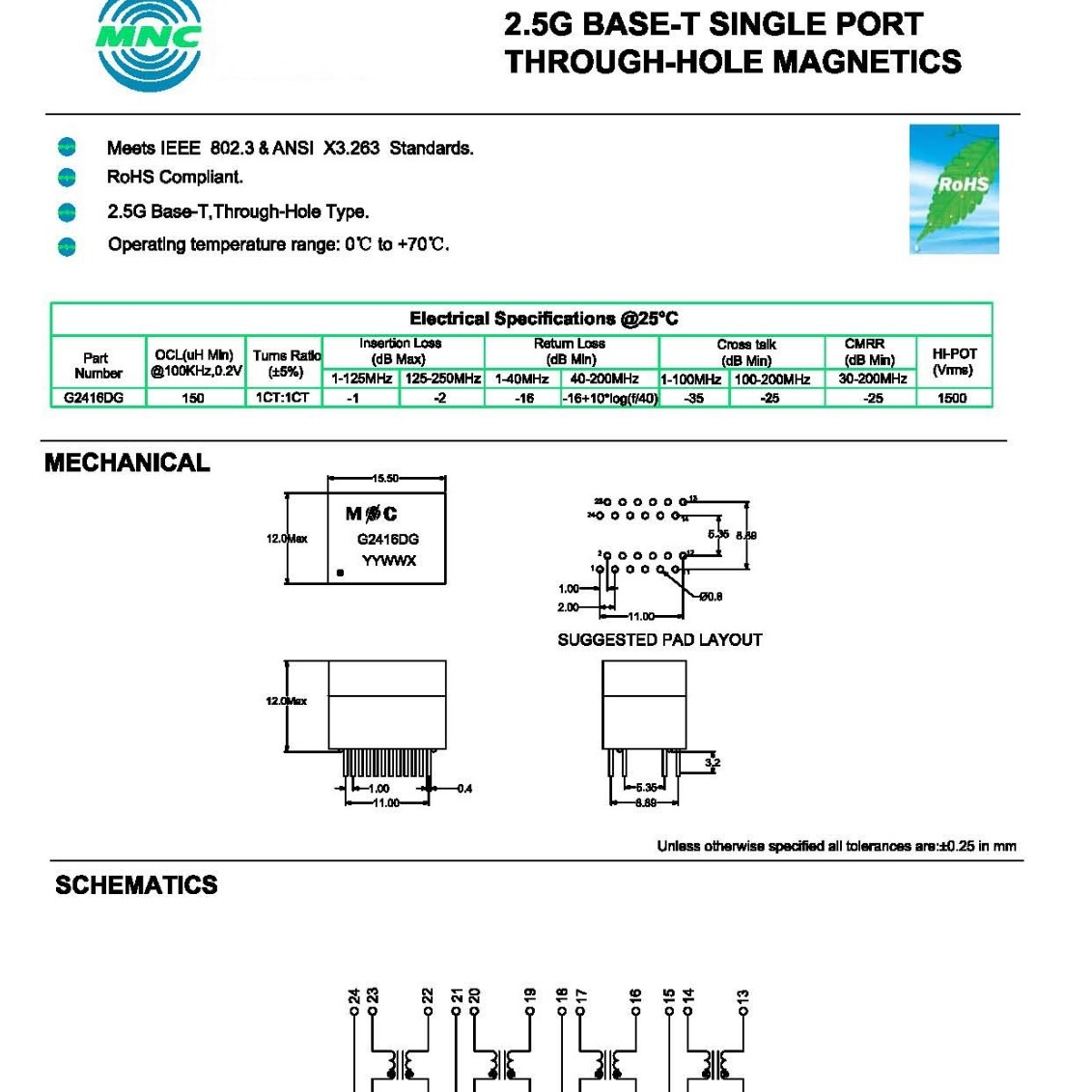 G2416DG SPEC 以太网络变压器LAN Transformers 2.5G Base-T