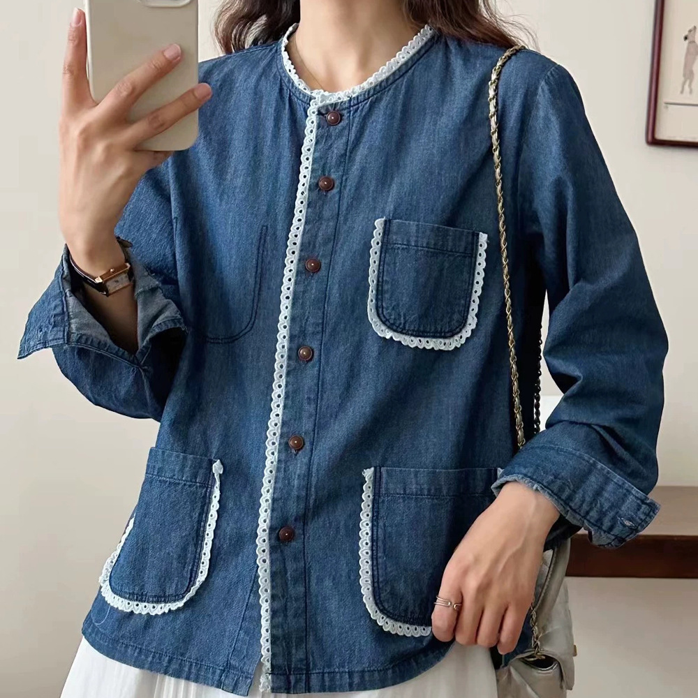 日系森女系 2025秋装新品复古单排扣圆领蕾丝单口袋百搭长袖衬衫