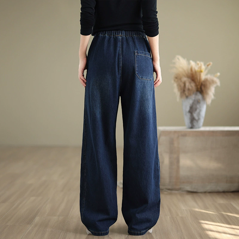 Demi-season loose straight jeans, trousers, for plus size ladies, elastic waist