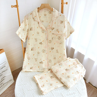 Cotton Crepe Home Wear Thin Short-sleeved Pants Set Summer Cartoon Pure Cotton Gauze Pajamas Women's Set